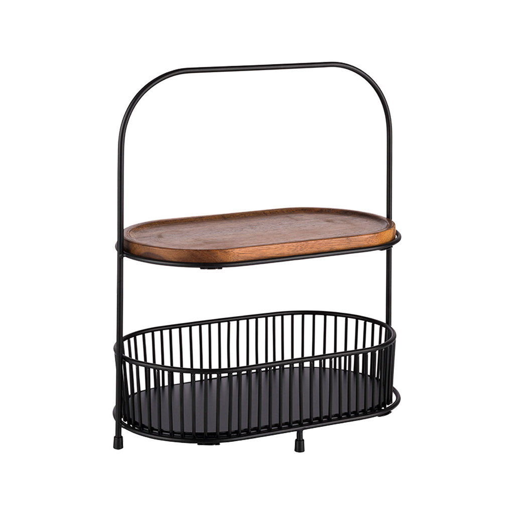 Schwarze Etagere mit Holz im Vintage-Look
